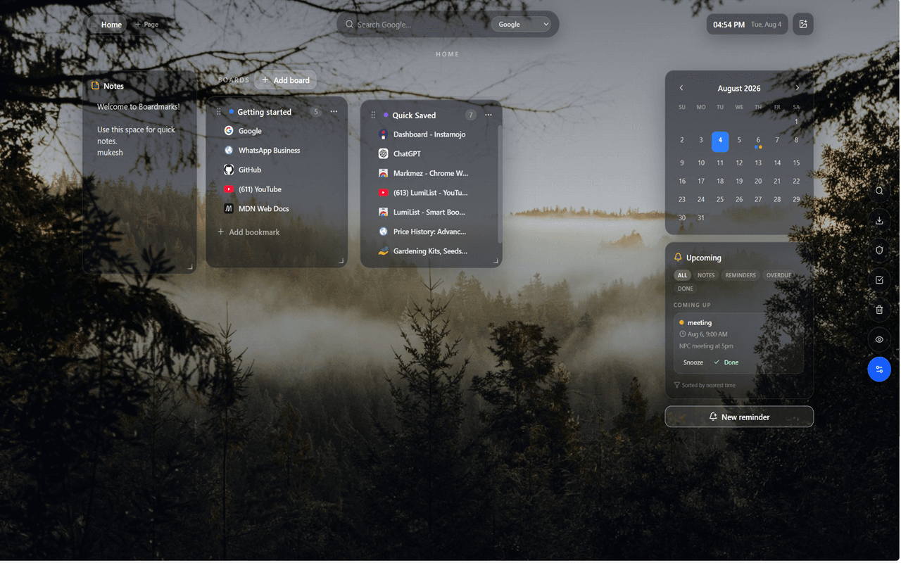 Boardmarks New Tab workspace with boards and calendar